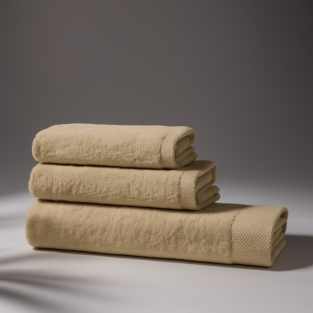 Set of three stacked beige bath towels, made of soft fabric and ideal for daily use.