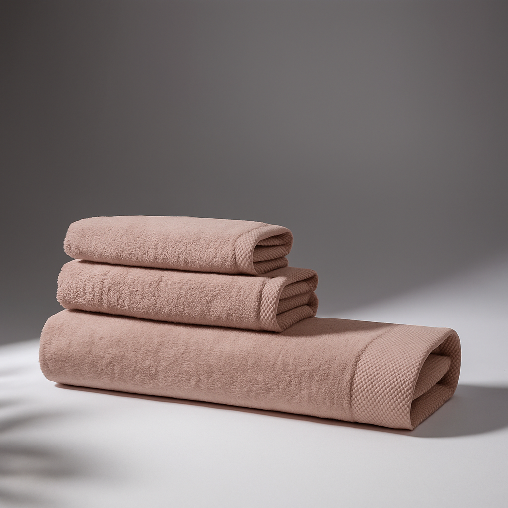 Three rose towels made of high-quality fabric placed on a white surface with a gray background.