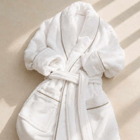 Embrace Velvety Bathrobe Beige Piping on bed by Voucler