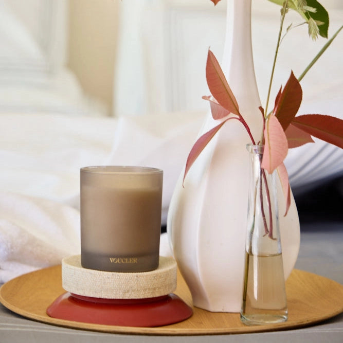 A tray displays a vase containing a candle and a potted plant, enhancing the decor with a touch of nature.