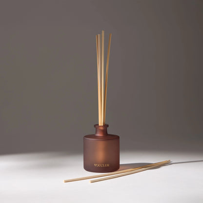 Aroma diffuser with wooden sticks in a brown ceramic pot by VOUCLER, decorative and aromatic for elegant rooms.