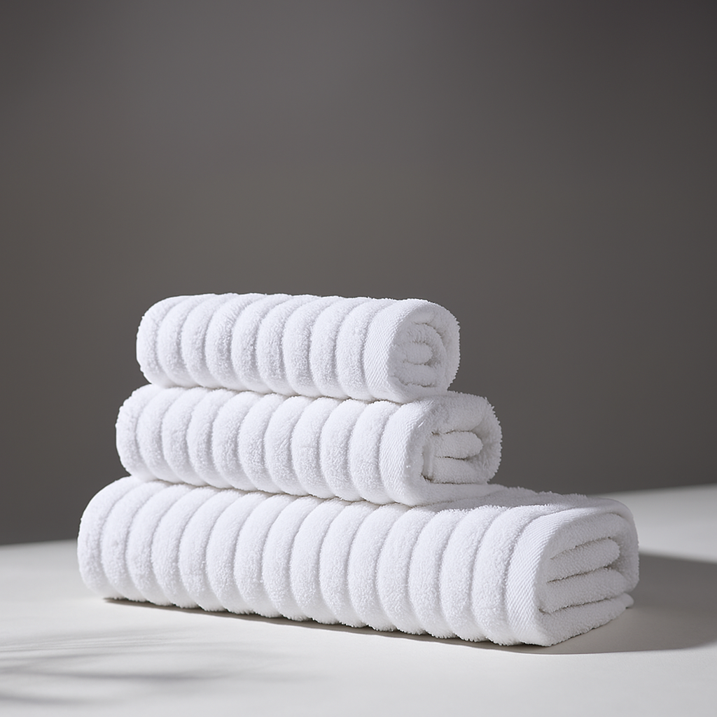 Three white towels stacked one on top of the other in a cozy environment, highlighting the softness and quality of the fabric, ideal for use in hotels, spas, and homes.