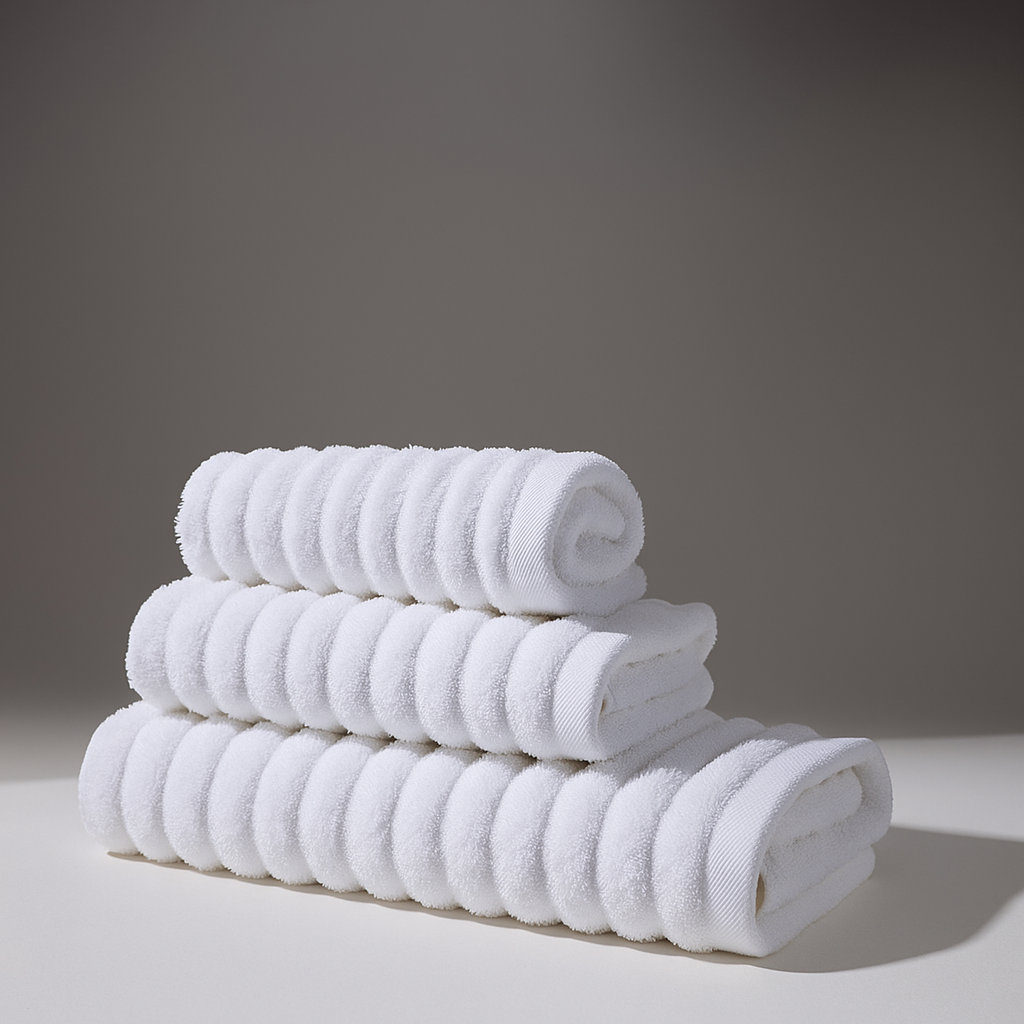 Set of soft white towels stacked in a clean and comfortable environment.