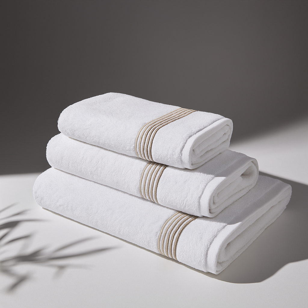 Set of folded white towels with beige stripes on a neutral background, conveying a sense of cleanliness and comfort.