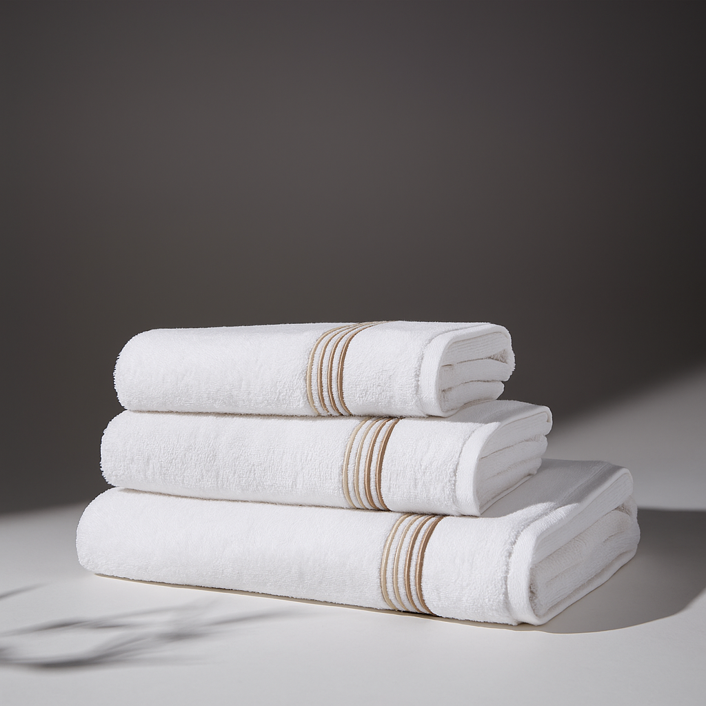 A set of folded white towels in a stack, with beige striped details, in an elegant and minimalist setting.