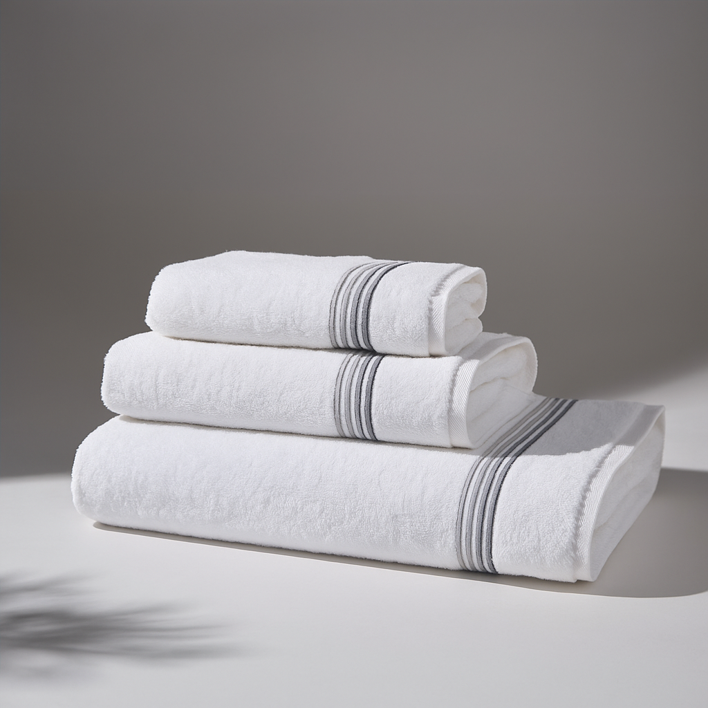 Set of white towels with gray stripes neatly stacked on a flat surface with a neutral background.