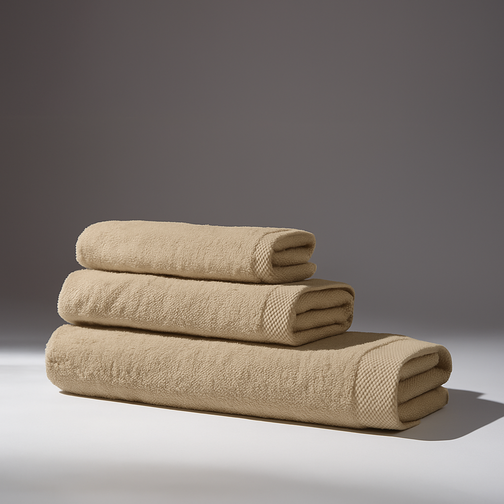 Beige towels folded and stacked on a white surface with a neutral background.