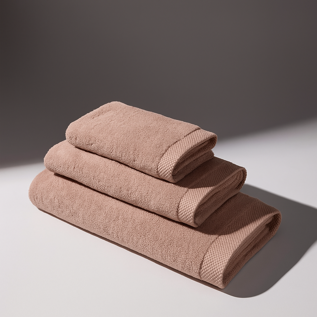 A set of rose towels stacked on a flat surface. The environment conveys a sense of cleanliness and comfort.