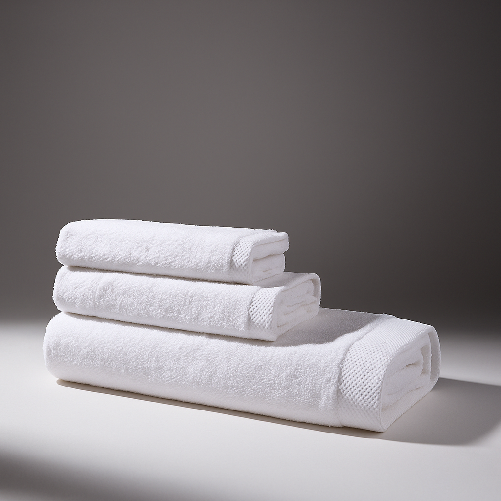 Set of folded and stacked white towels on a surface, the background of the environment is gray, conveying elegance.