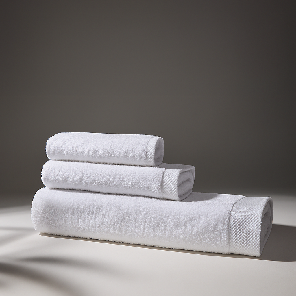 Set of white towels stacked on a neutral background.