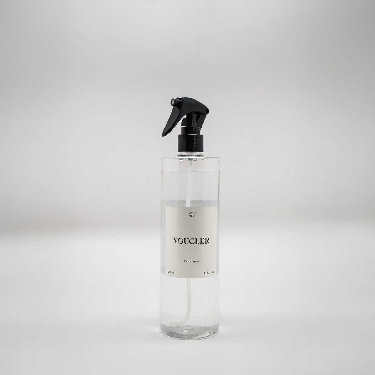 Image of the Vivid Sky fabric spray from Voucler, with a transparent packaging and white label.
